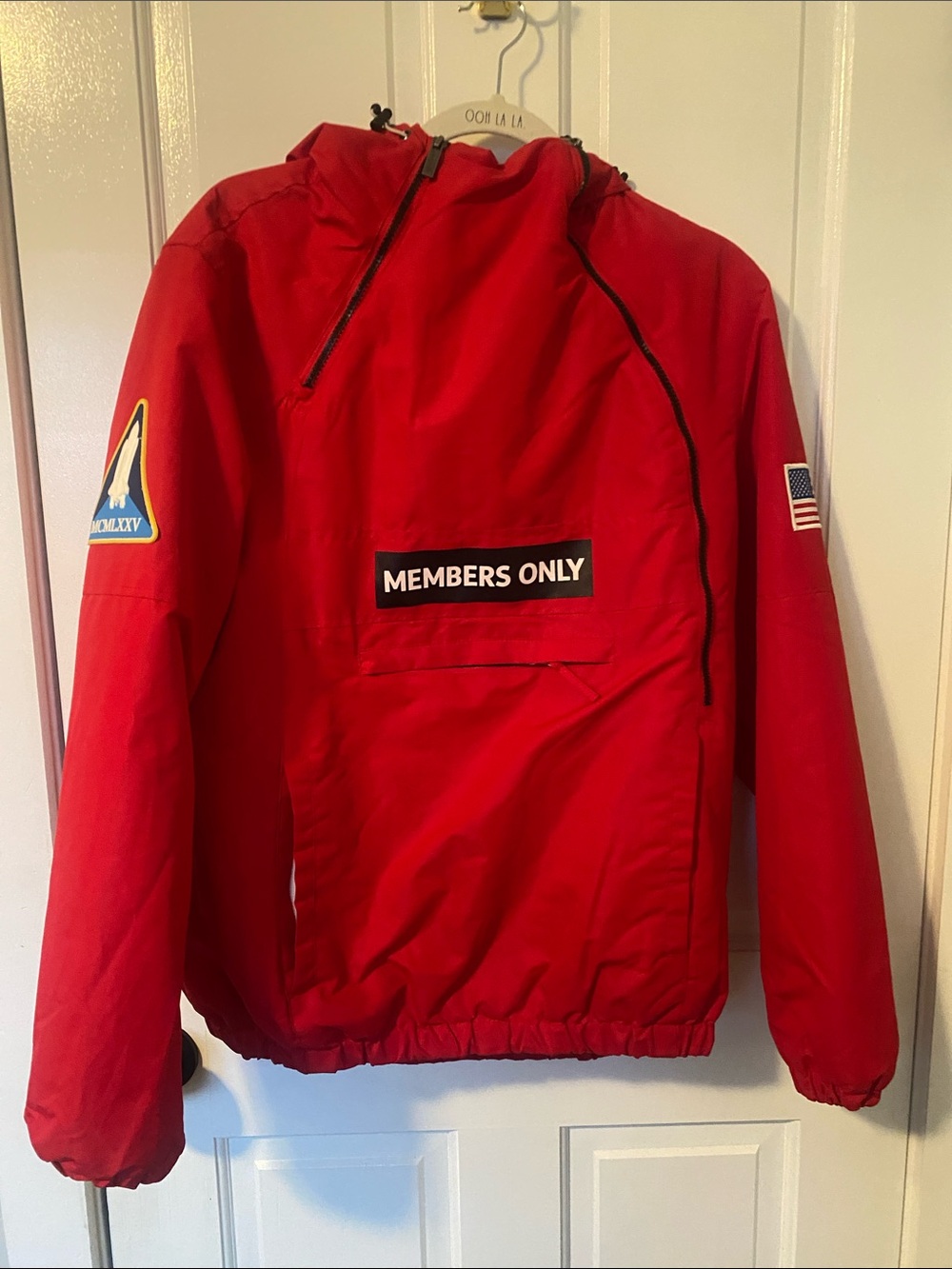 Members Only Red Hooded Windbreaker with Patch Details